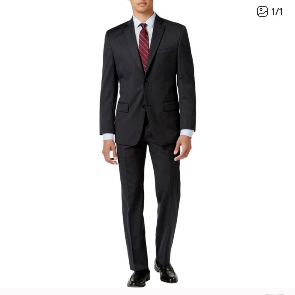 Michael Kors Mens Classic-Fit Charcoal Two Button Formal Suit, gray pin stripe